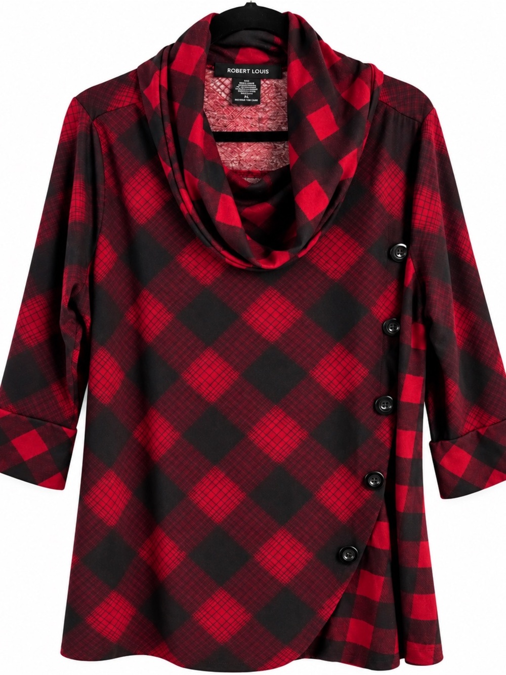 Robert Louis XL Red & Black Plaid Cowl-Button Tunic